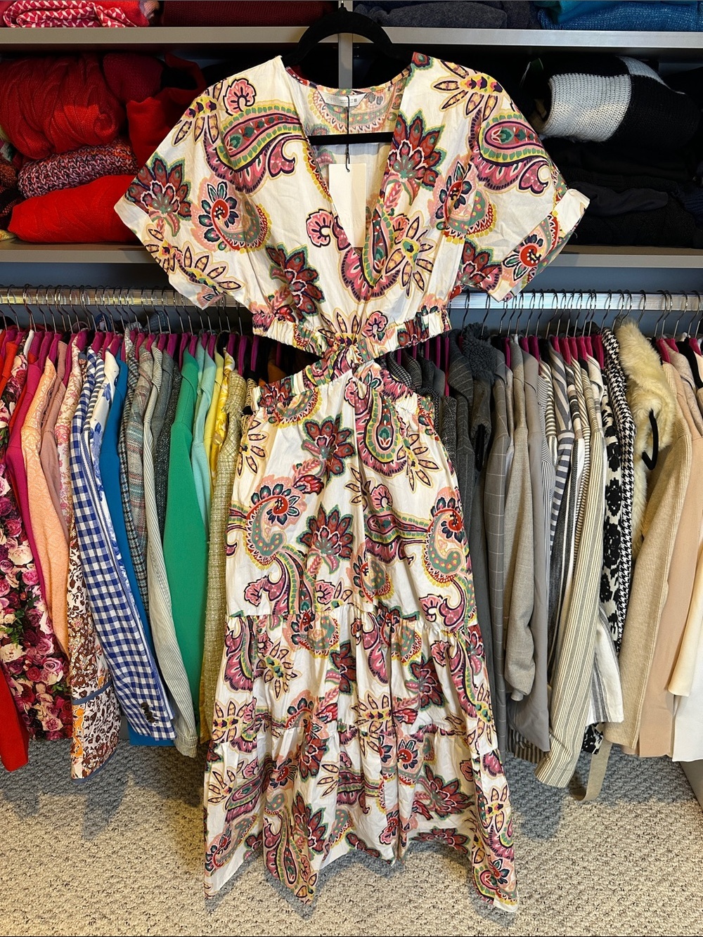Zara white/pink print short sleeve waist cut out v neck maxi dress size S NWT